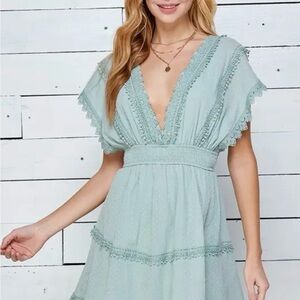 Elegant Lace-Trimmed Mini Dress in Sage